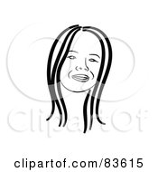 Poster, Art Print Of Black And White Line Drawn Girls Face With Straight Hair