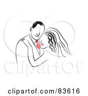 Poster, Art Print Of Line Drawn Bride And Groom With A Red Tie And Lips