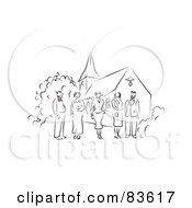 Line Drawn Wedding Party With Red Accents Standing Outside Of A Church