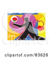 Royalty Free RF Clipart Illustration Of A Silhouetted Man Running With A Rose Over Hearts by Prawny