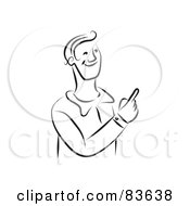 Royalty Free RF Clipart Illustration Of A Friendly Black And White Line Drawn Man Pointing
