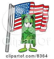 Dollar Bill Mascot Cartoon Character Pledging Allegiance To An American Flag