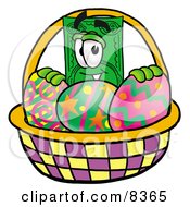 Dollar Bill Mascot Cartoon Character In An Easter Basket Full Of Decorated Easter Eggs