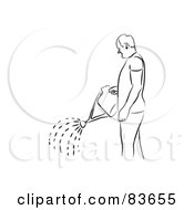 Royalty Free RF Clipart Illustration Of A Black And White Line Drawn Man Using A Watering Can Version 2 by Prawny