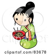 Kneeling Japanese Human Factor Woman With A Bowl Of Saimin Noodles
