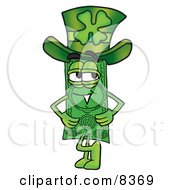 Poster, Art Print Of Dollar Bill Mascot Cartoon Character Wearing A Saint Patricks Day Hat With A Clover On It