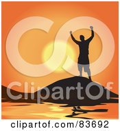 Royalty Free RF Clipart Illustration Of A Silhouetted Successful Man Atop A Coastal Mountain Against An Orange Sunset