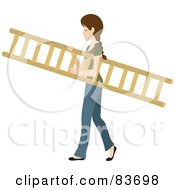 Young Brunette Caucasian Woman Carrying A Wooden Ladder