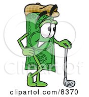 Dollar Bill Mascot Cartoon Character Leaning On A Golf Club While Golfing