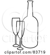 Royalty Free RF Clipart Illustration Of A Black And White Outline Of Two Glasses And A Champagne Bottle
