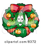 Dollar Bill Mascot Cartoon Character In The Center Of A Christmas Wreath by Toons4Biz