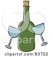 Royalty Free RF Clipart Illustration Of Two Wine Glasses By A Green Bottle With A Cork
