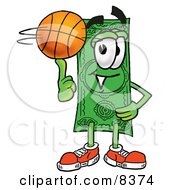 Dollar Bill Mascot Cartoon Character Spinning A Basketball On His Finger