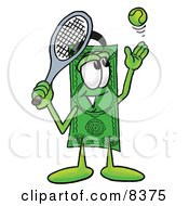 Dollar Bill Mascot Cartoon Character Preparing To Hit A Tennis Ball