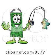 Dollar Bill Mascot Cartoon Character Holding A Fish On A Fishing Pole