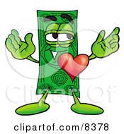 Poster, Art Print Of Dollar Bill Mascot Cartoon Character With His Heart Beating Out Of His Chest