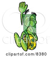 Dollar Bill Mascot Cartoon Character Plugging His Nose While Jumping Into Water