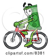 Dollar Bill Mascot Cartoon Character Riding A Bicycle by Toons4Biz