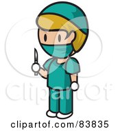 Blond Caucasian Mini Person Surgeon Man In Scrubs Holding A Scalpel