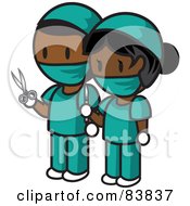 Poster, Art Print Of Indian Mini Person Surgeon Man And Woman In Scrubs Holding Scissors And A Scalpel