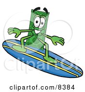 Dollar Bill Mascot Cartoon Character Surfing On A Blue And Yellow Surfboard by Toons4Biz