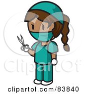 Brunette Hispanic Mini Person Surgeon Woman In Scrubs Holding Scissors