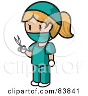 Poster, Art Print Of Blond Caucasian Mini Person Surgeon Woman In Scrubs Holding Scissors
