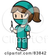 Brunette Caucasian Mini Person Surgeon Woman In Scrubs Holding A Scalpel