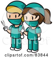 Caucasian Mini Person Surgeon Man And Woman In Scrubs Holding Scissors And A Scalpel