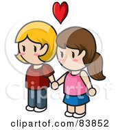Royalty Free RF Clipart Illustration Of A Lesbian Caucasian Mini Person Couple Holding Hands Under A Heart