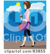 Poster, Art Print Of White Woman Walking On A City Sidewalk Carrying Ice Cream And Shopping Bags