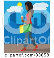 Poster, Art Print Of Indian Woman Walking On A City Sidewalk Carrying Ice Cream And Shopping Bags