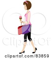 Poster, Art Print Of Brunette Caucasian Woman Carrying An Ice Cream Cone And Shopping Bags