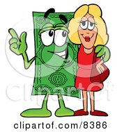 Dollar Bill Mascot Cartoon Character Talking To A Pretty Blond Woman by Toons4Biz