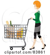 Blond Caucasian Woman Pushing Bagged Groceries In A Shopping Cart