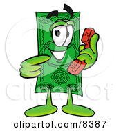 Dollar Bill Mascot Cartoon Character Holding A Telephone
