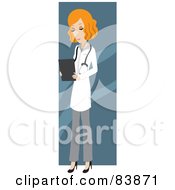 Red Haired Caucasian Female Doctor Looking Down At Charts
