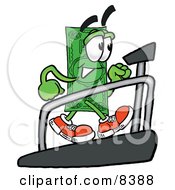 Dollar Bill Mascot Cartoon Character Walking On A Treadmill In A Fitness Gym