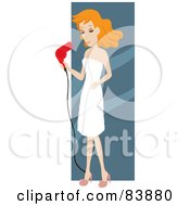 Red Haired Caucasian Woman Draped In A Towel Blow Drying Her Hair