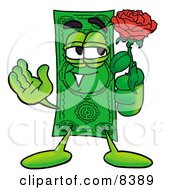 Dollar Bill Mascot Cartoon Character Holding A Red Rose On Valentines Day