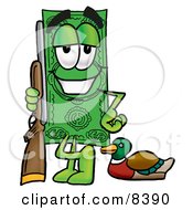 Dollar Bill Mascot Cartoon Character Duck Hunting Standing With A Rifle And Duck