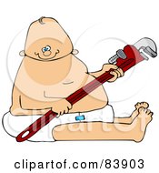 Poster, Art Print Of Caucasian Baby Plumber Holding A Wrench And Sitting In A Diaper