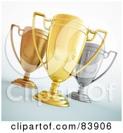 Royalty Free RF Clipart Illustration Of Three 3d Gold Bronze And Silver Trophy Cups With Laurel Designs