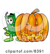 Dollar Bill Mascot Cartoon Character With A Carved Halloween Pumpkin
