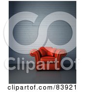Poster, Art Print Of Red 3d Arm Chair In A Lobby Against A Painted Brick Wall