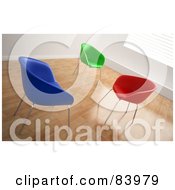 Poster, Art Print Of Three Blue Green And Red 3d Seats In A Sunny Room With Wood Floors