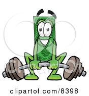 Dollar Bill Mascot Cartoon Character Lifting A Heavy Barbell by Toons4Biz