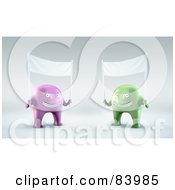 Poster, Art Print Of Two 3d Purple And Green Aliens Holding Up Blank Banners