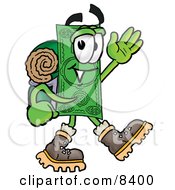 Poster, Art Print Of Dollar Bill Mascot Cartoon Character Hiking And Carrying A Backpack