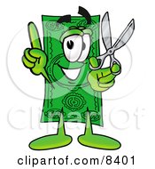 Dollar Bill Mascot Cartoon Character Holding A Pair Of Scissors by Toons4Biz